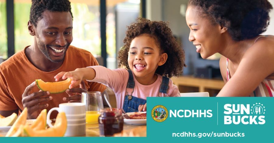 Family eating at a table with fruit, jelly and text that reads NCDHHS, Sun Bucks, ncdhhs.gov/sunbucks.