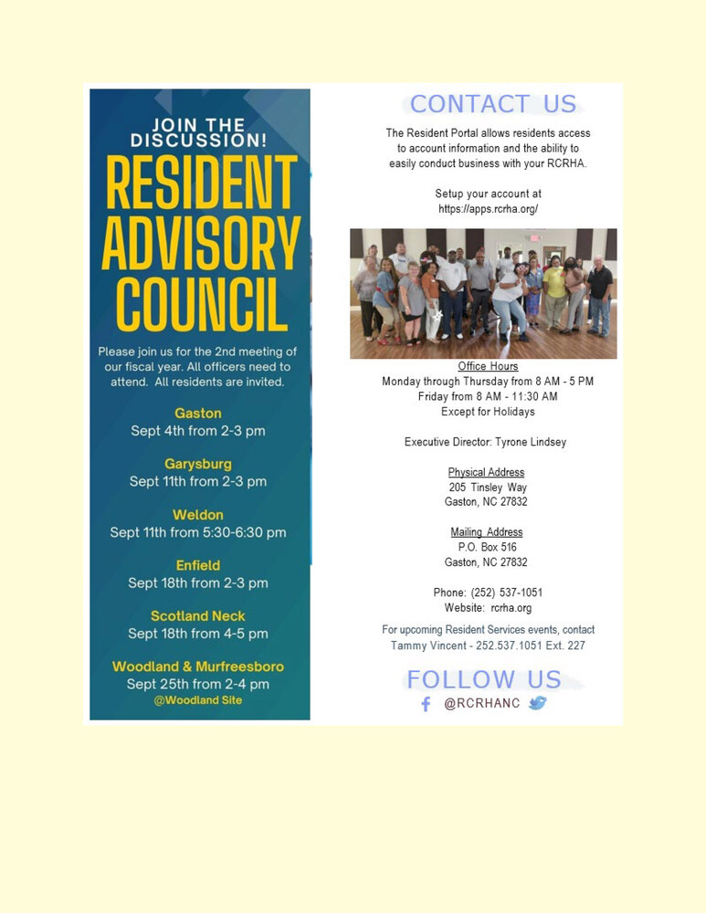 Resident Advisory Council Flyer. All information on flyer is listed above.