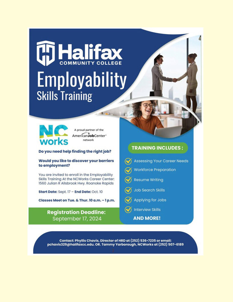 Halifax Community College flyer. All information on this flyer is listed above.