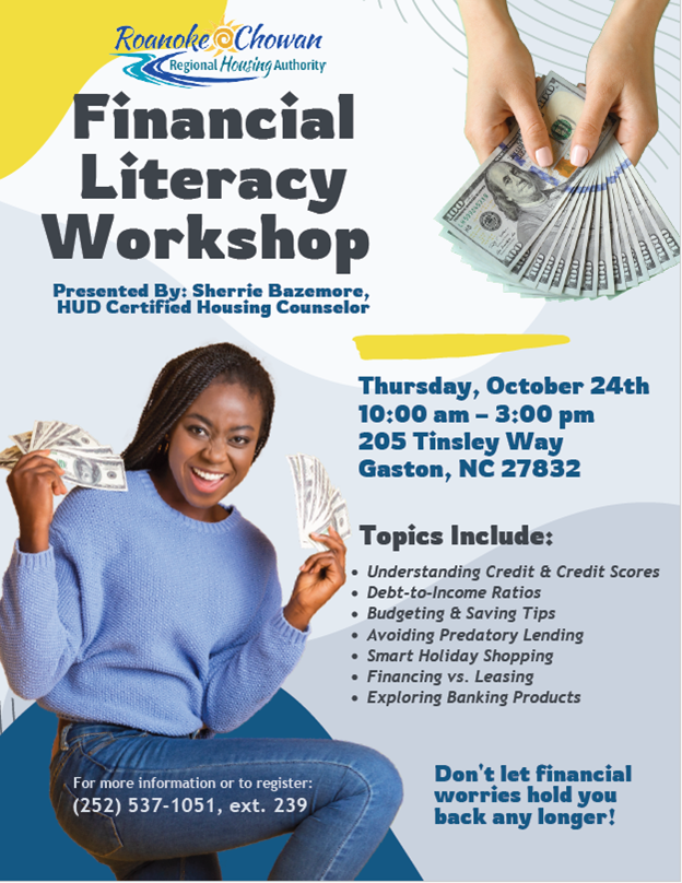 Financial Literacy Workshop Flyer. All information on this flyer is listed above.