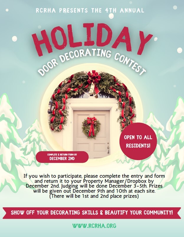 Holiday door decorating contest flyer. All information on this flyer is listed above.