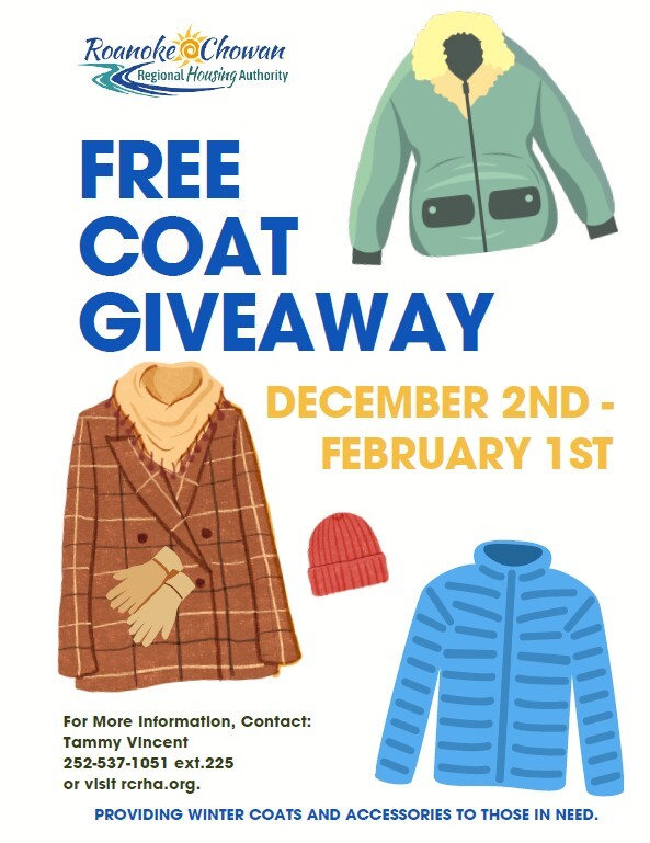 Free coat giveaway flyer. All information on this flyer is listed above.