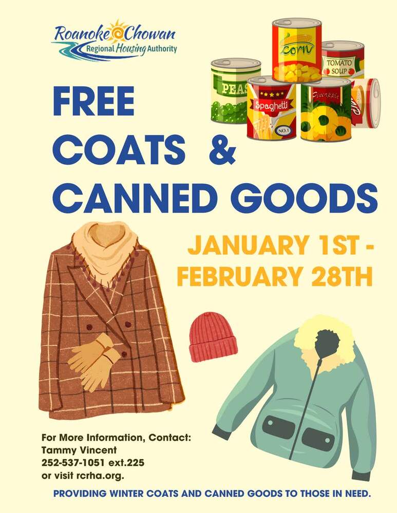 January 2025 Outlook Free Coats and Canned Goods Flyer. All information on this flyer is listed above.